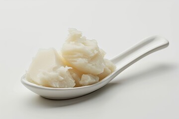 Solidified lard on white background in a spoonful - obrazy, fototapety, plakaty