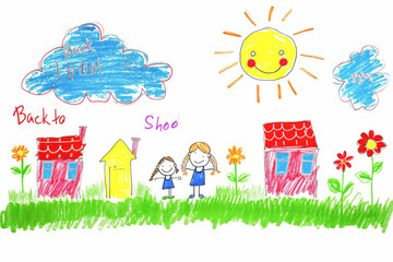Obraz na płótnie Canvas Children's drawing - happy family in front of a house and sun