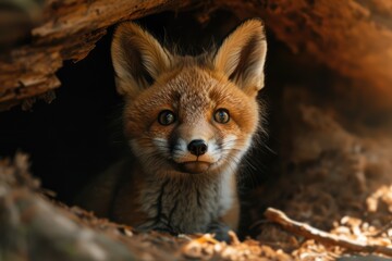 curious fox cub peeking out from its den, sunlight dappling its fur