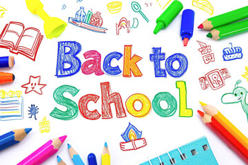 Back to school concept with colorful crayons on a white background