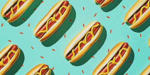 Hot dog pattern soft pale color background. Top Flat lay view