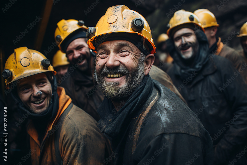 Poster generative ai picture of man dressed in dirty work overalls and hard hat working in a mine cave
