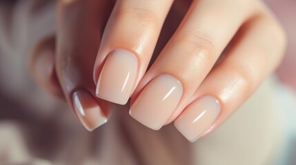 Woman hand with nude shades nail polish on her fingernails. Nude color nail manicure with gel polish at luxury beauty salon. Nail art and design. Female hand model. French manicure Ai generated - obrazy, fototapety, plakaty