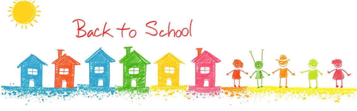 Back to school banner with colorful houses and children.