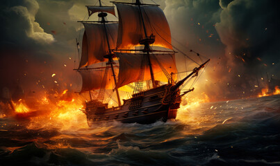 Obraz premium Dramatic maritime scene of tall ships engaged in a fierce battle on the high seas, with fiery explosions and turbulent ocean waves