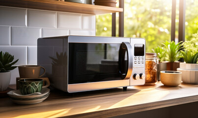 Modern microwave oven on kitchen countertop with digital display showing time, surrounded by warm morning sunlight and homey kitchenware