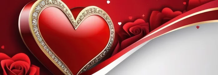 Fotobehang St Valentines day, wedding banner with red ornamental heart on red background. Use for love sale banner, voucher, greeting card. Copy space. Beautiful love background for valentines day greeting card. © Anzelika