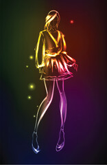 Hand-drawn fashion model from a neon. A light girl's. Fashion girl. - 712225049