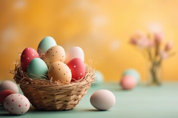 Obraz na płótnie Canvas Basket With Decorated easter Eggs. ai generated