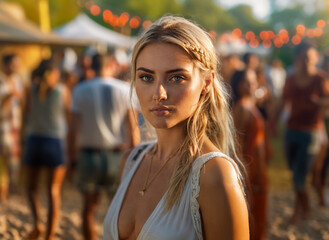 young adult woman, caucasian, blonde, hippie style, attractive slim, summery temperatures and nice weather, a city festival or a party on vacation, fictional place