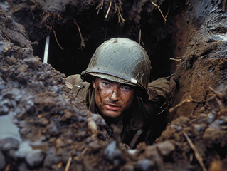 Soldier sits in a trench, dugout. With helmet