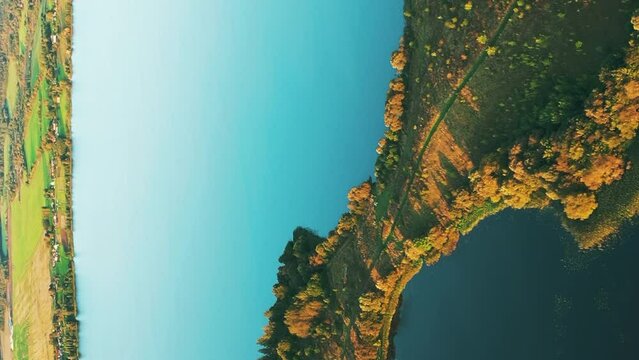 4K Aerial View Of Lakes Rivers Islands And Countryside Landscape. Morning Clouds Above Lepel Lake. Lyepyel District, Vitebsk Region, Belarus.
