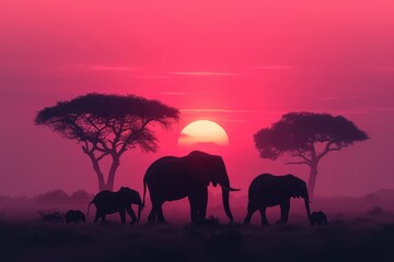 Fototapeta na wymiar family of elephants silhouetted against a pink African sunrise, trunks raised in greeting