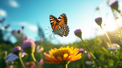 Fototapeta na wymiar A butterfly in a field of flowers