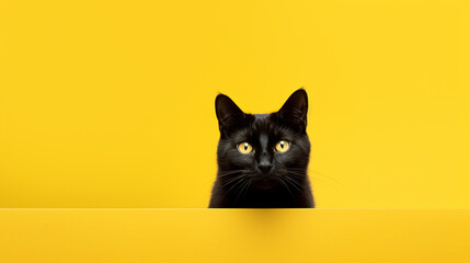 A black cat on a yellow background