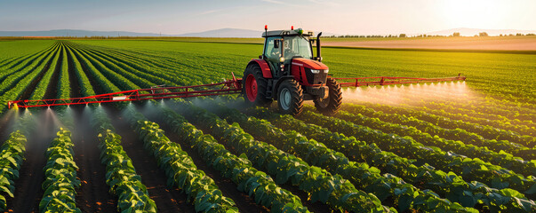 Tractor spraying pesticides in soybean field during springtime	
