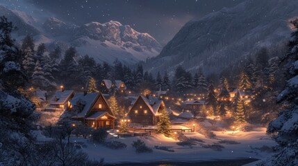 A snow covered village nestled in the mountains, Warm Lights in Snowy Village, cozy winter scene