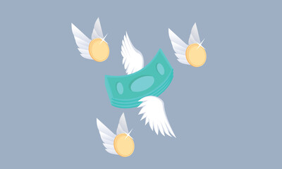 3D flying stack of money and gold coins with white wings.3d goal for business, bank, finance, investment, money illustrations.