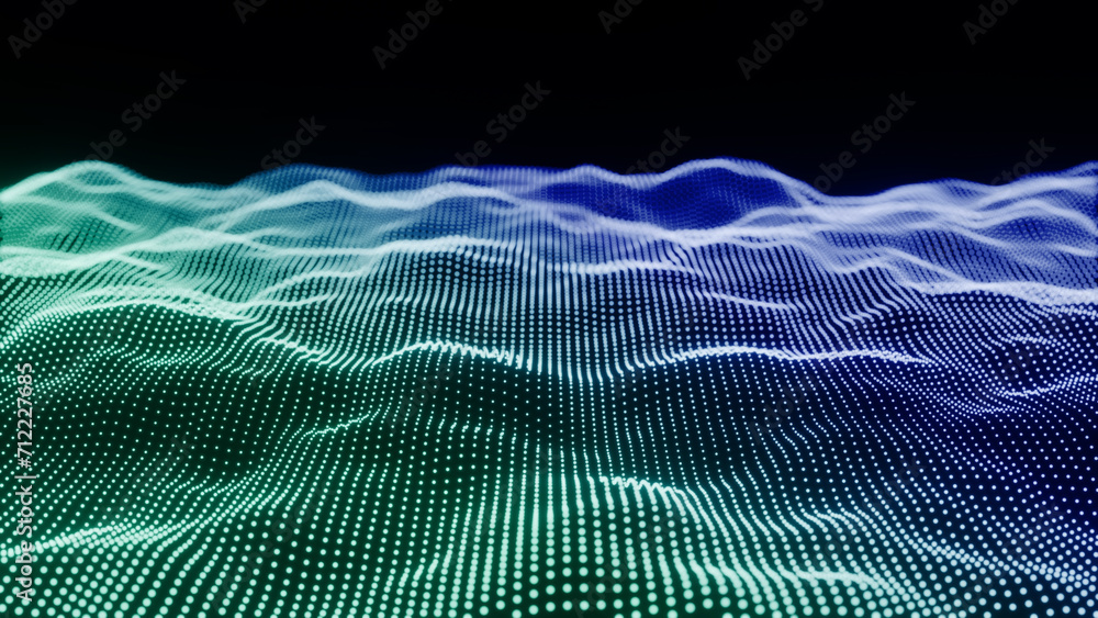 Poster technology digital wave background concept.beautiful motion waving dots texture with glowing defocus