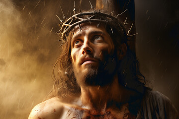 Jesus Christ crucified. On the cross with crown of thorn.close-up - obrazy, fototapety, plakaty