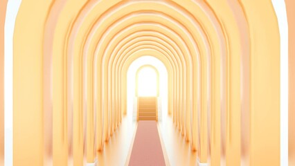 a 3D animation of a long, a golden archway with a red carpet leading up to a radiant light in the distance, reminiscent of a portal or gateway to another world. - Powered by Adobe
