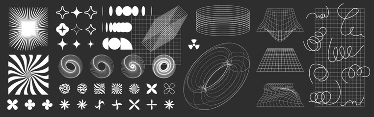 Abstract y2k vector retro futuristic shape icons. Y2k retro style stars, flowers, geometric shapes. Acid rave cyber punk symbols, design elements. Line grid vector planets in 90s style. Line spark set