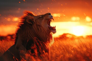 majestic lion roaring at sunset, with the African savanna