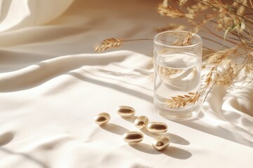 Fototapeta na wymiar Neutral beige tablecloth with white capsules glass and dried grass.