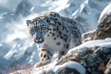Obraz premium snow leopard stalking through a Himalayan mountain range, its fur blending with the snow