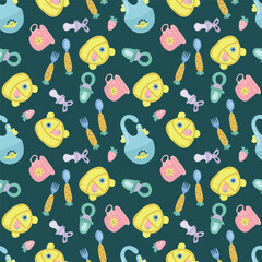 Seamless pattern with children's dishes. Design for fabric, textiles, wallpaper, packaging.	
