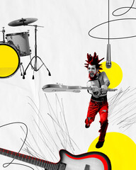 A punk rock guitarist jumping in the air, with drum set and microphone, set against an abstract background.