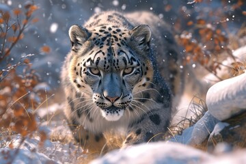 snow leopard stalking through a Himalayan mountain range, its fur blending with the snow