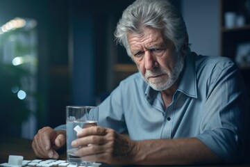 Senior man takes antidepressant medication for depression.