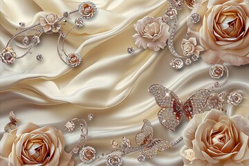 diamond jewellery on a background with roses and butterflies, in the style of luxurious wall hangings, 32k uhd, flowing fabrics, detailed drapery, beige and amber, romantic riverscapes.