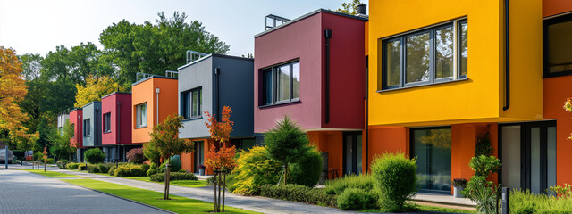 Fototapeta premium Moderne Häuser in einer Wohnsiedlung mit einer Straße an einem sonnigen Tag