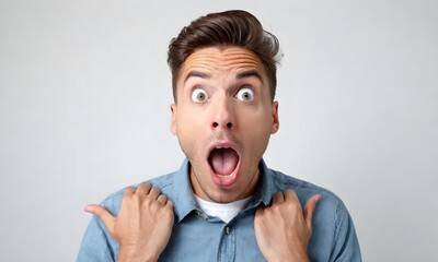 Surprised male, keeps mouth open, being stunned