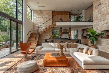 Fototapeta premium a modern interior design with beige stone panels on wall style inspiration ideas