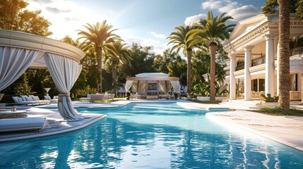 An extravagant pool party at a luxurious mansion, complete with VIP cabanas and a DJ booth - obrazy, fototapety, plakaty