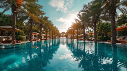 The shimmering surface of a luxurious swimming pool surrounded by palm trees and lounge chairs