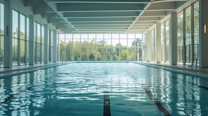 An indoor swimming pool with large windows, allowing natural light to illuminate the clear blue water