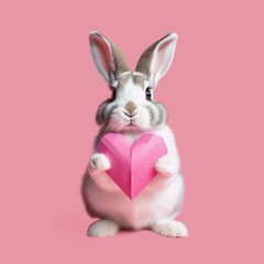 Fototapeta premium White banny with paper heart on a pink background Valentines Day.