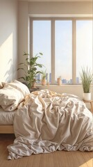A serene bedroom with white bedding, overlooking a beach view, with a palm plant and wooden furniture.