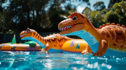 A dinosaur-themed pool day with inflatable dinosaurs - obrazy, fototapety, plakaty