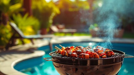 A poolside barbecue party with sizzling grills, delicious aromas, and casual summer vibes - obrazy, fototapety, plakaty