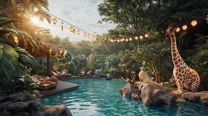 A jungle adventure pool party with animal-themed decorations and kids in safari outfits - obrazy, fototapety, plakaty