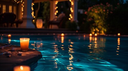 A nighttime pool soiree with illuminated floating candles, creating a magical atmosphere