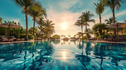 Fototapeta premium The shimmering surface of a luxurious swimming pool surrounded by palm trees and lounge chairs