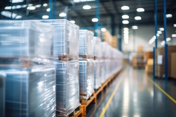 Pallets of shrink-wrapped boxes in a warehouse with overhead lighting. - obrazy, fototapety, plakaty