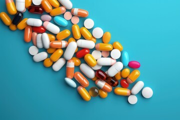 Heap of various pills on color background