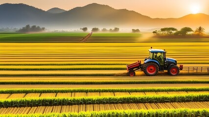 Fototapeta premium tractor in field, farming on field morning, agriculture in modern world, agriculture food production